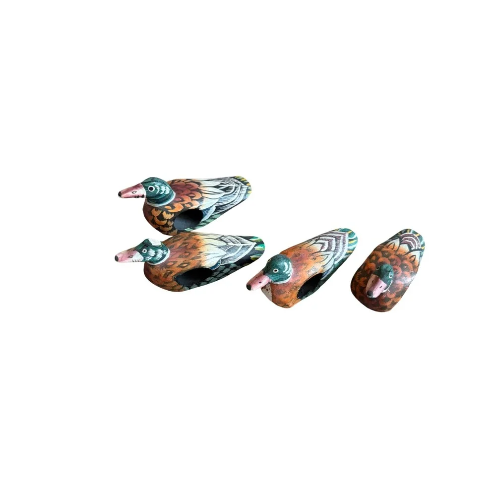 Vintage Hand Painted Wooden Mallard Duck Napkin Rings Set of 4 Made in Indonesia